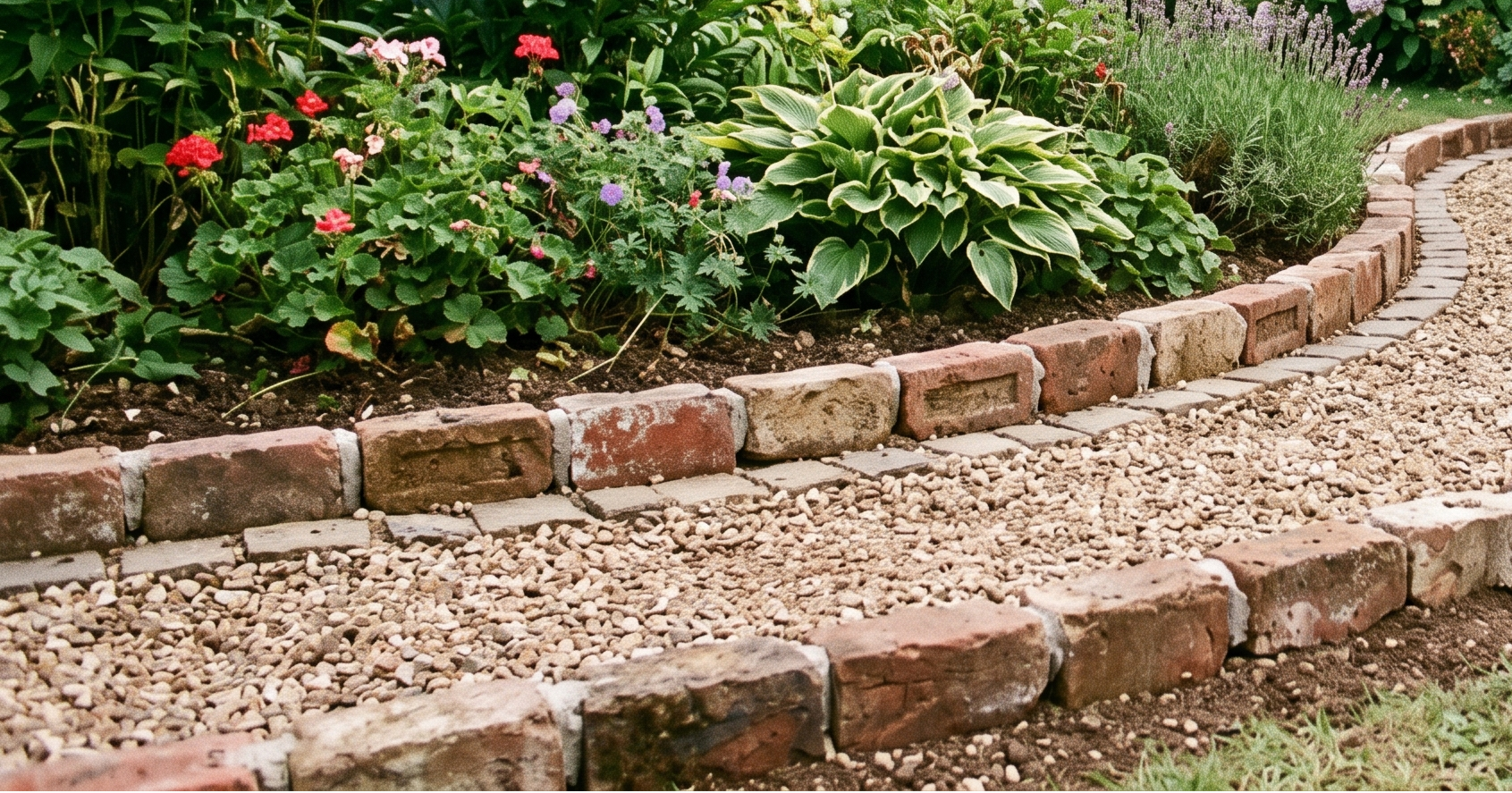 Garden path with brick edging and vibrant flowers, featuring lush greenery and colourful blooms in a tidy landscape setting